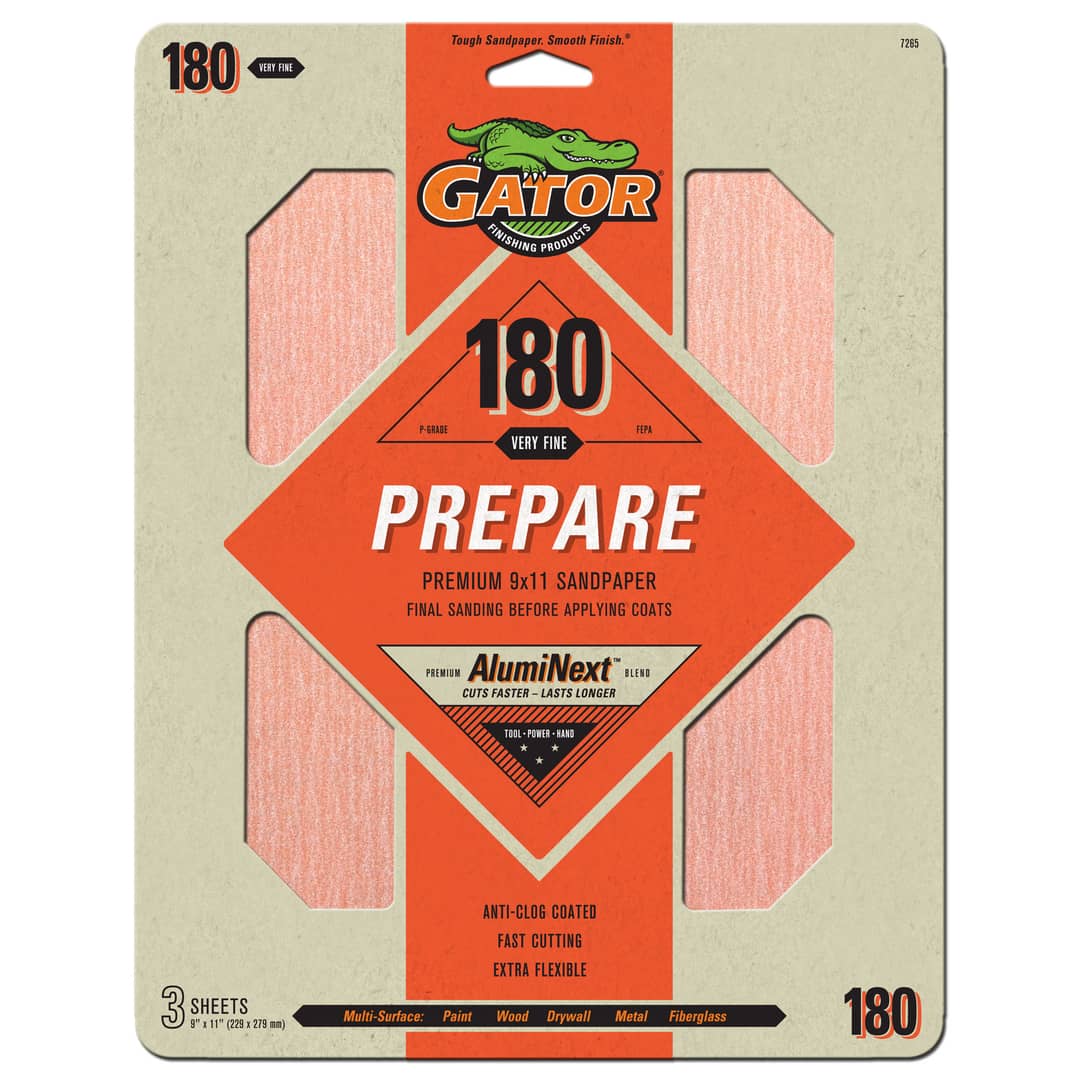 Gator Hojas de lijado de Oxido de Aluminio Premium de grano 180 x 3 unidades